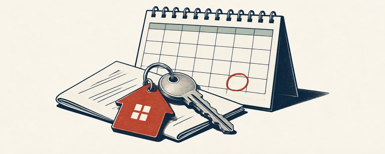 An apartment key and brick-red house tag rest on a lease beside a calendar with an end date circled.