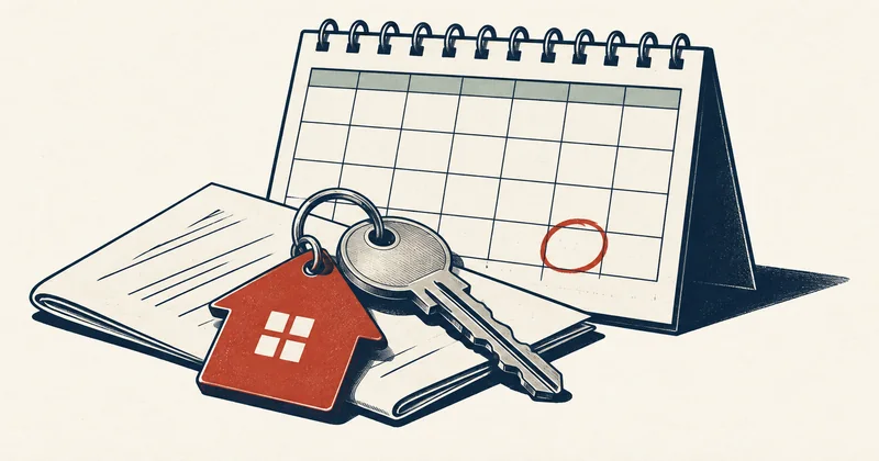 An apartment key and brick-red house tag rest on a lease beside a calendar with an end date circled.