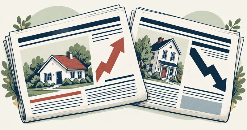Overlapping newspapers with arrows pointing in opposite directions.