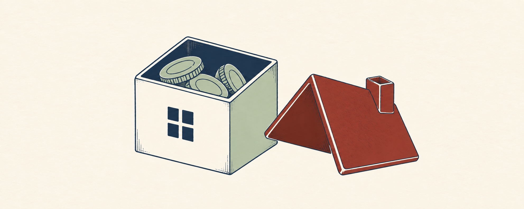 A cream savings container holds coins, with its oxblood house-shaped roof resting beside it.