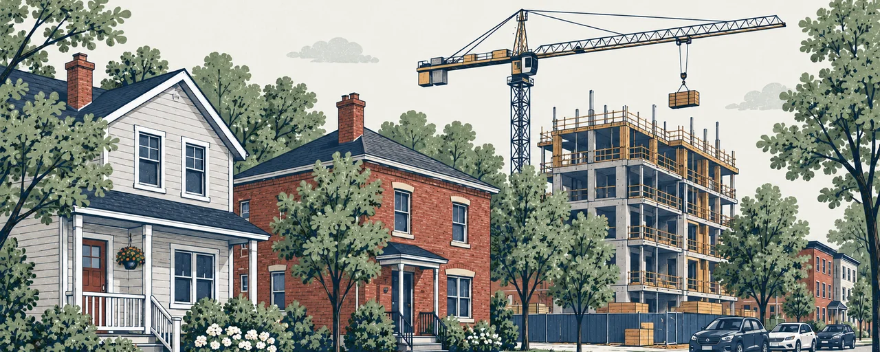 A residential street beside an apartment building under construction.
