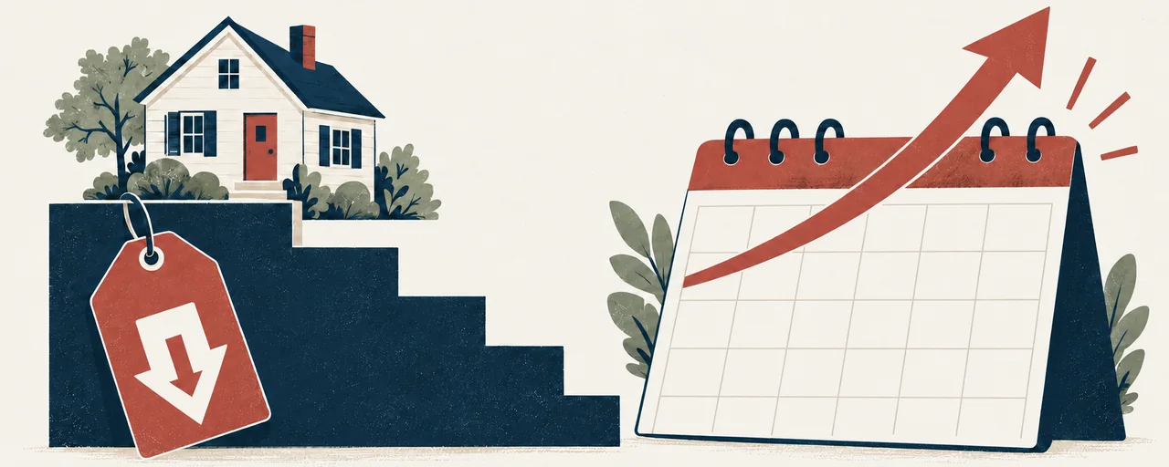 A falling house-price motif beside a rising payment arrow.