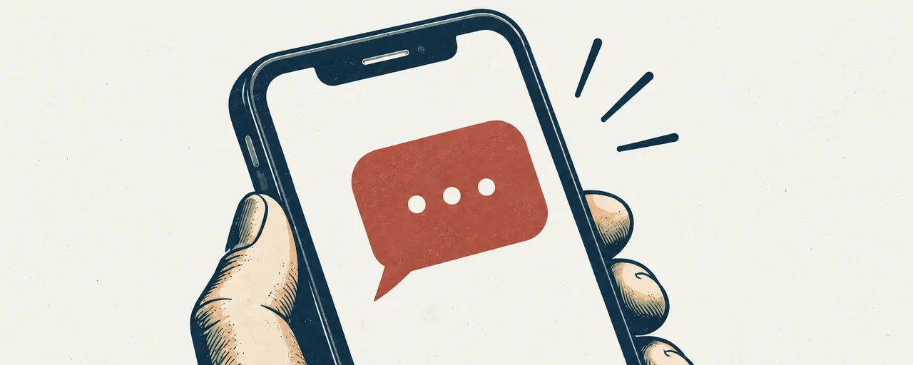 A hand holds a phone with an incoming message.
