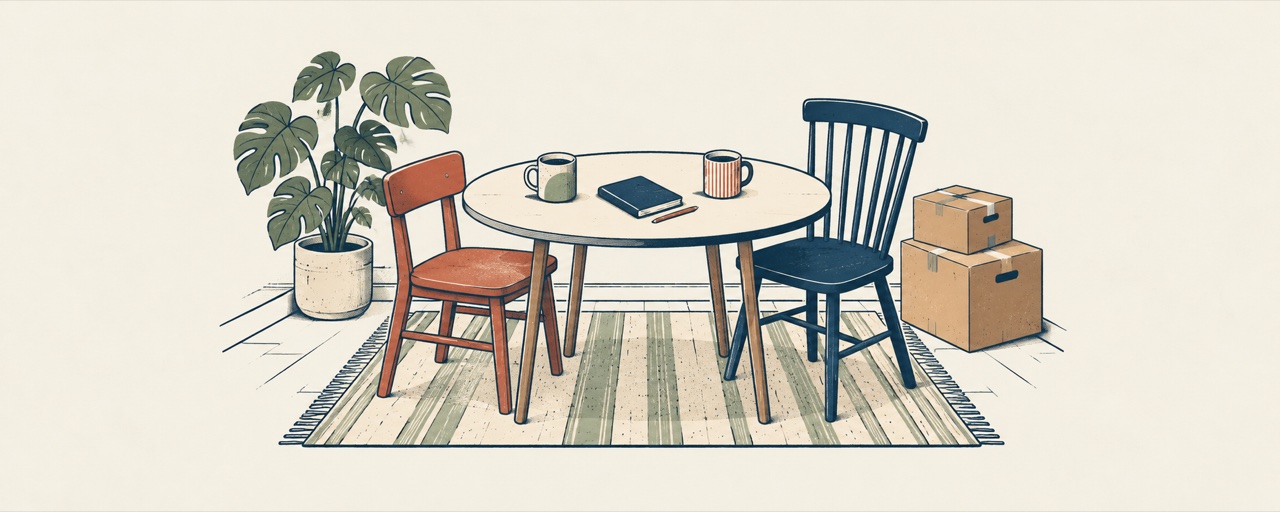 Two different chairs at a shared dining table, with mugs, a notebook and moving boxes nearby.