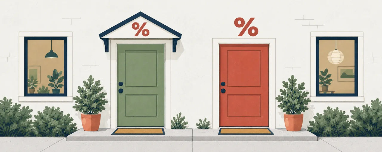 Two apartment doors comparing rent-guideline coverage; both retain a lock.