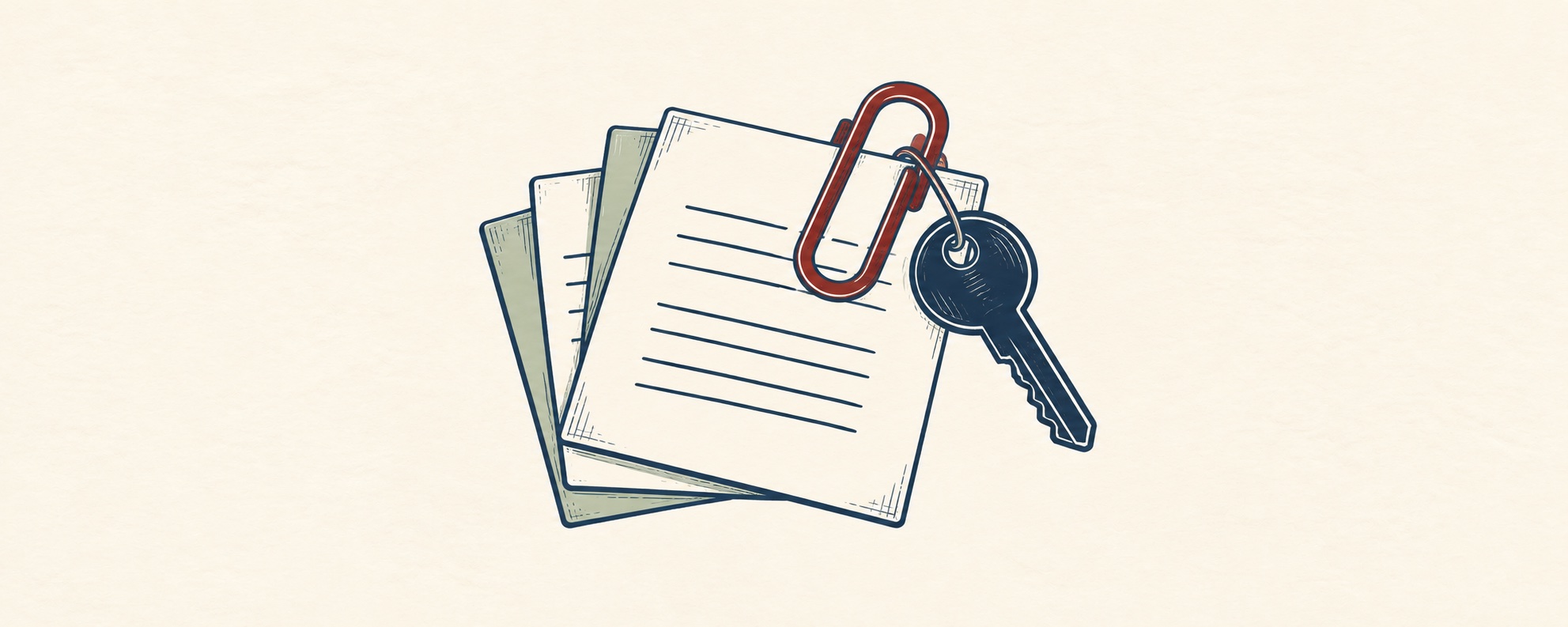 A navy key and oxblood paperclip hold a small stack of cream and sage housing records together.