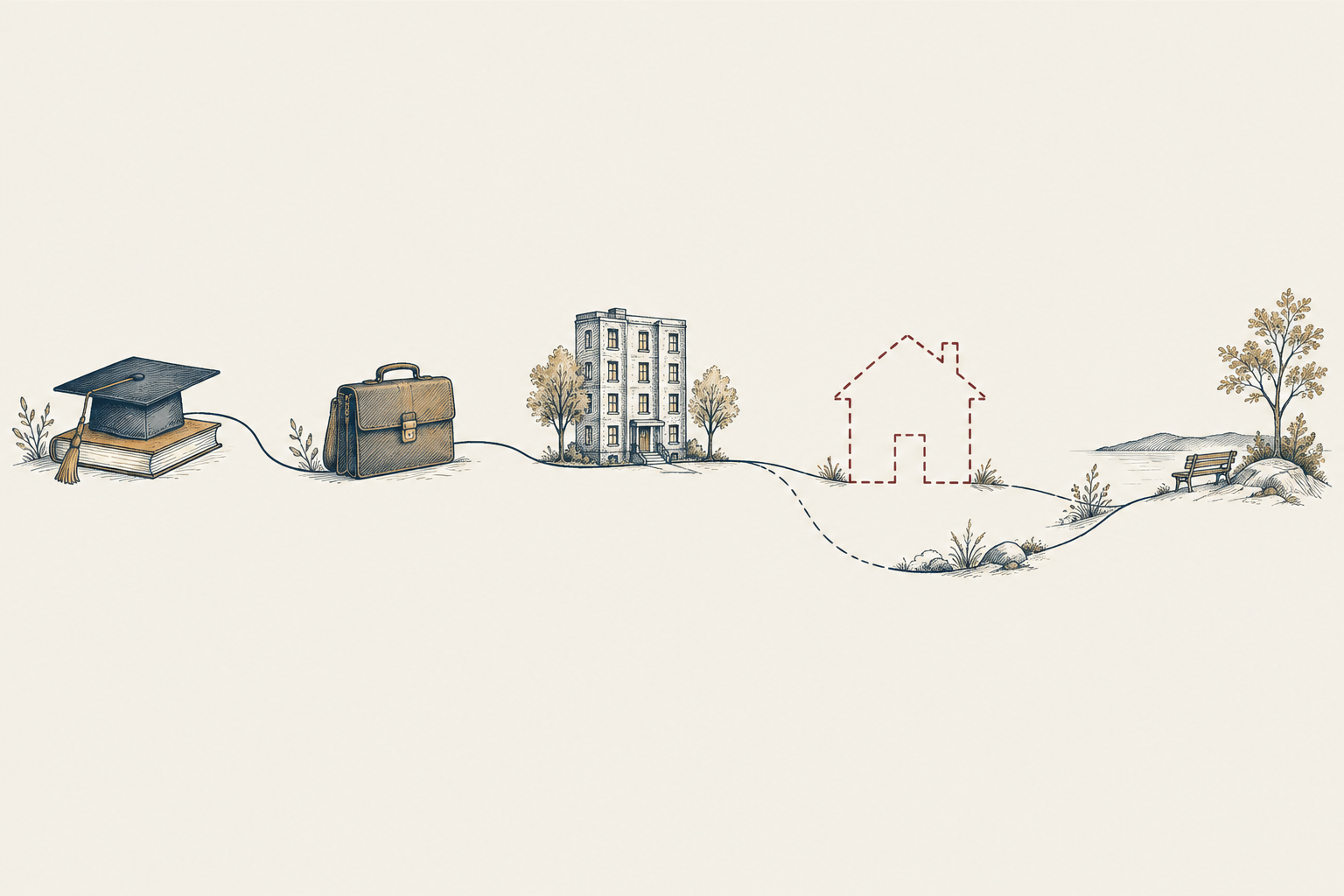 A path connects a graduation cap, a briefcase and an apartment building, then curves around the dashed outline of a missing house.