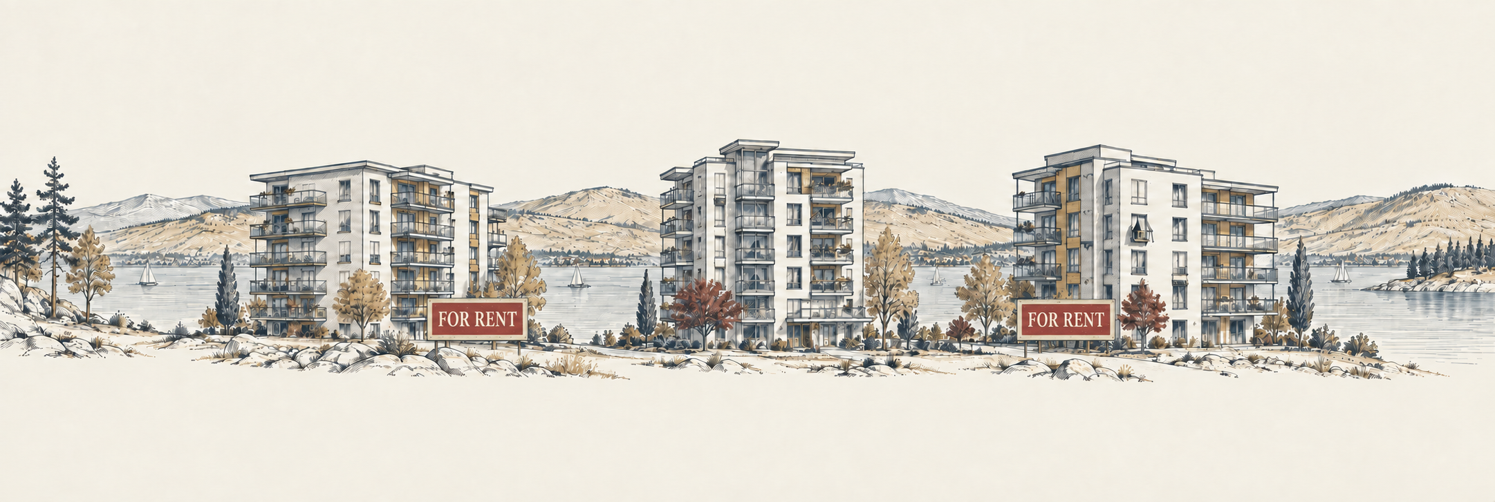 Editorial illustration of fictional apartment buildings with For Rent signs beside an Okanagan lake and hills; no specific property is depicted.